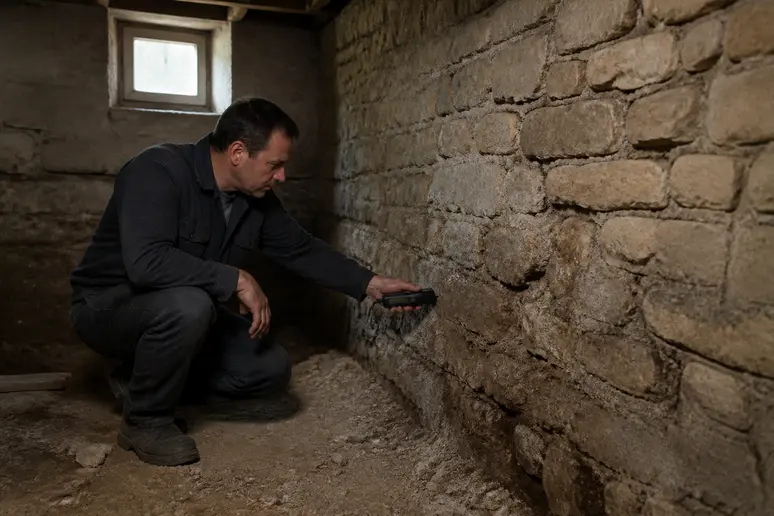 Un homme d'âge mûr vérifie l'humidité d'un mur de cave avec un appareil, concentré sur son diagnostic.