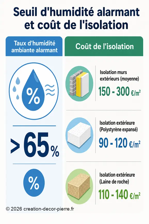 Comparaison des coûts d'isolation des murs extérieurs par rapport au taux d'humidité ambiante considéré comme alarmant.
