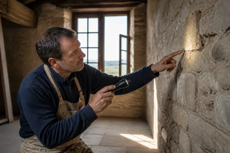 Un artisan examine un mur en pierre dans une vieille bâtisse française, identifiant les zones nécessitant une isolation thermique.