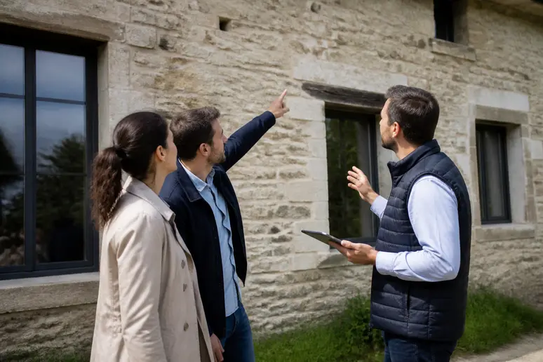 Un couple de propriétaires discute avec un professionnel des options d'isolation d'un mur en pierre, considérant les approches intérieures et extérieures.