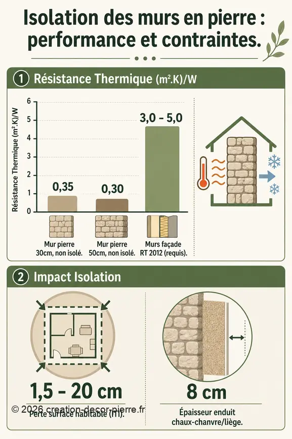 Comparaison de la résistance thermique des murs en pierre avant et après isolation, avec les exigences réglementaires.