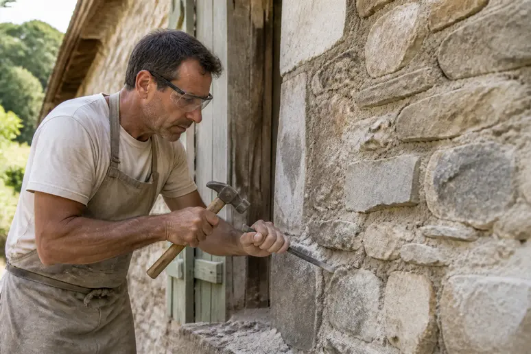 Un artisan français dégarnit méticuleusement les joints anciens d'un mur en pierre avec un burin et un marteau.