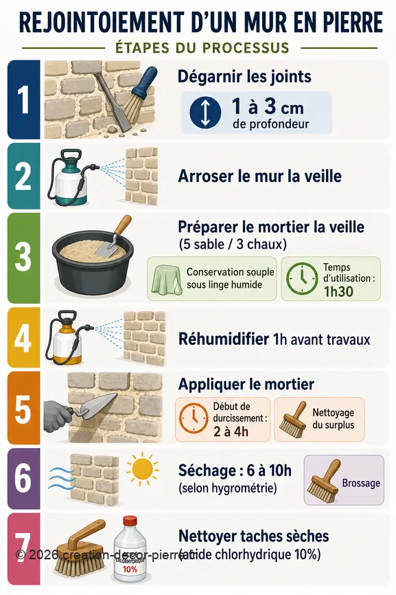 Infographie étape par étape pour le rejointoiement d'un mur en pierre, avec profondeurs, temps de séchage et proportions de mortier.