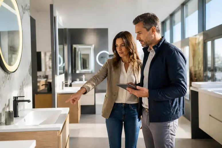 Un couple examine avec attention divers meubles de salle de bain dans un showroom moderne à Plan de Campagne.