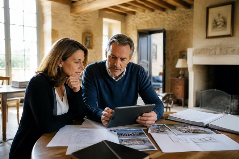 Couple français étudiant des documents immobiliers dans une maison ancienne, discutant des prix et des caractéristiques.