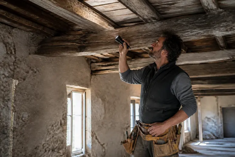 Artisan charpentier français inspectant méticuleusement des poutres anciennes pour évaluer les travaux de rénovation nécessaires.