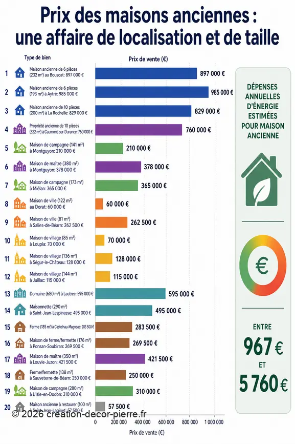 Comparaison des prix des maisons anciennes en France par localisation, taille, type de bien et estimations de coûts énergétiques.