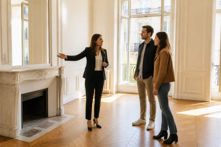 Un agent immobilier montre les dimensions d'un grand manteau de cheminée en marbre à un jeune couple dans un salon parisien.
