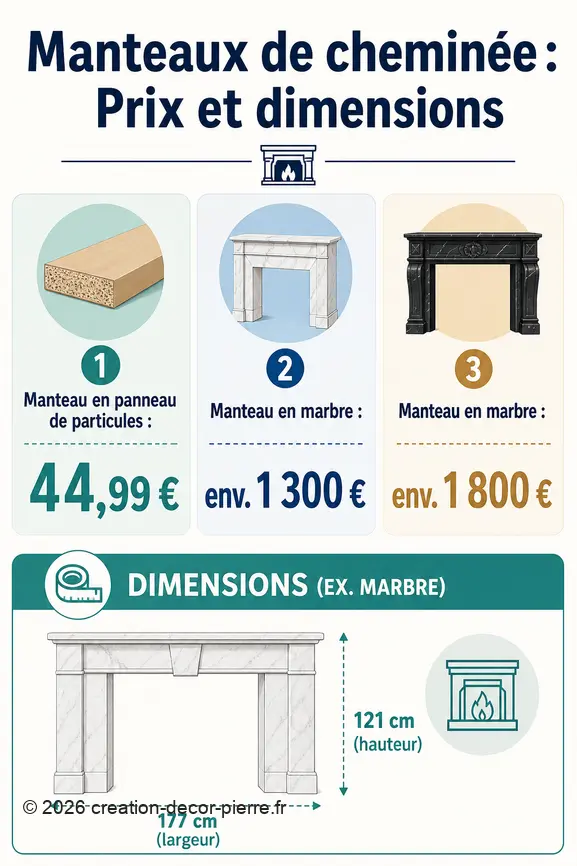 Infographie comparative des prix et dimensions de manteaux de cheminée en panneau de particules et en marbre.