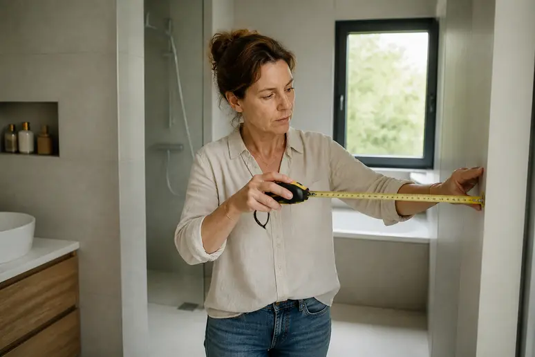 Une femme française mesure l'espace d'une salle de bain pour choisir le meuble wengé parfait, planifiant son aménagement.