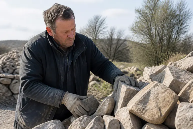 Un artisan français examine attentivement des pierres brutes pour un futur mur, en extérieur.
