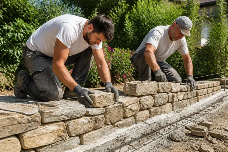 Deux maçons français posent des pierres sur des fondations, un mur de jardin en cours de construction.