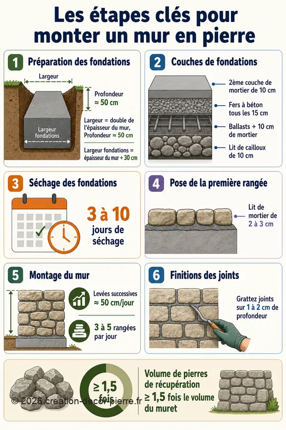 Infographie détaillée des étapes de construction d'un mur en pierre, avec les dimensions et temps de séchage des fondations.