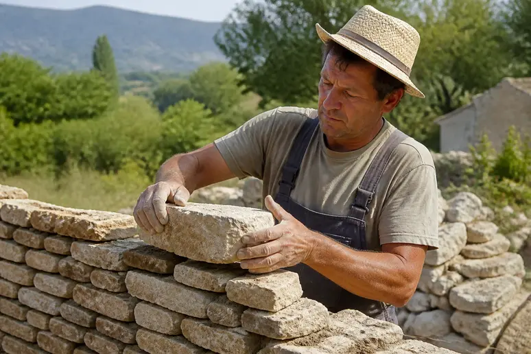 Un maçon français expérimenté ajuste une pierre pour parfaire la construction d'un mur extérieur.