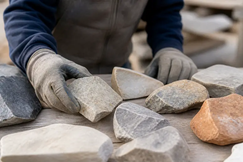 Des mains gantées d'un tailleur de pierre examinent des échantillons de blocs de pierre naturelle aux textures variées.