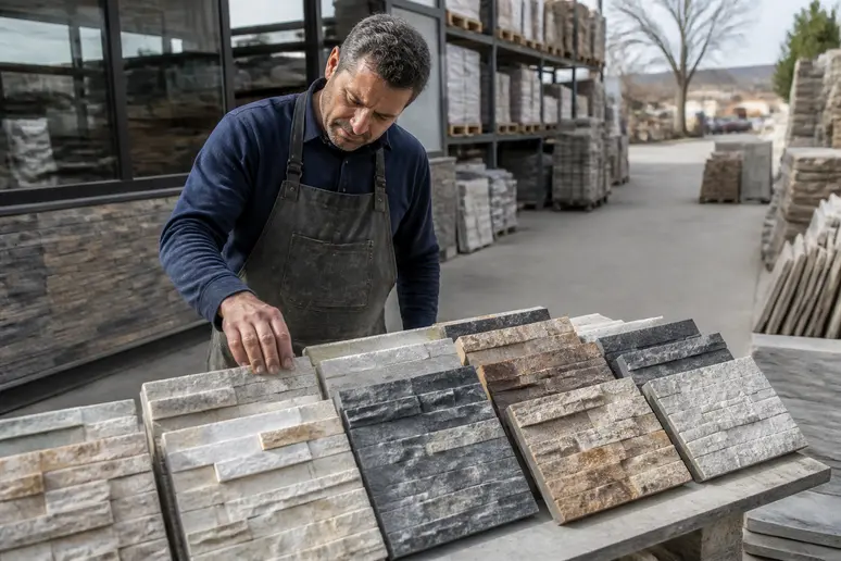Un homme examine des échantillons de parements en pierre pour choisir le matériau idéal pour son mur extérieur.