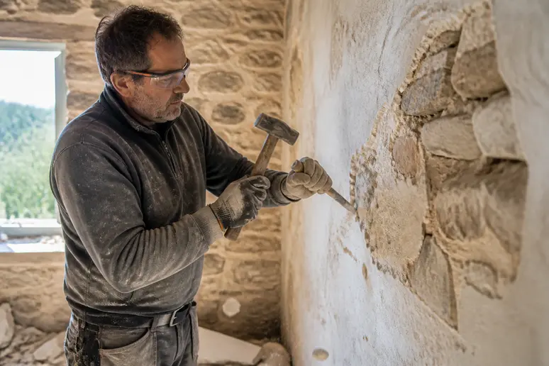 Artisan français en pleine tâche, piquant l'enduit d'un mur en pierre avec marteau et burin.