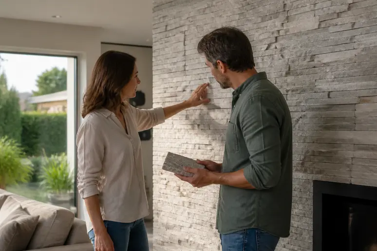 Un couple de propriétaires discute du choix d'un parement en pierre naturelle pour leur salon, examinant la texture.