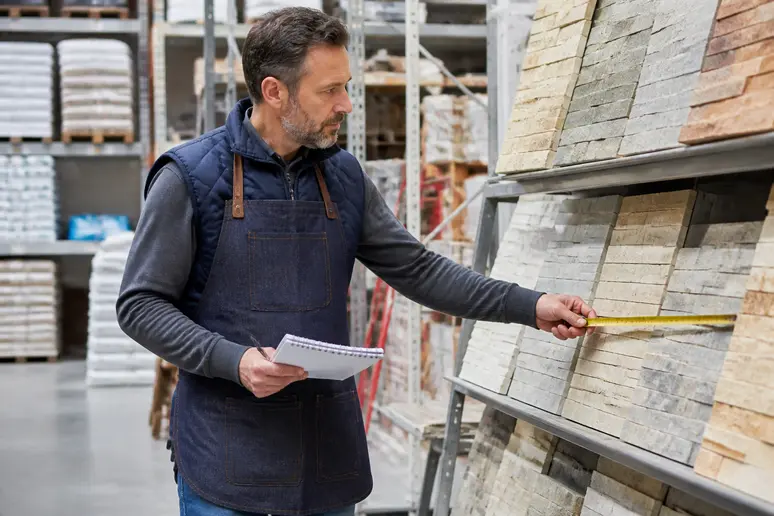 Un homme français examine attentivement différentes plaquettes de parement en pierre dans un magasin de bricolage pour estimer son budget.