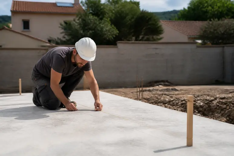 Un ouvrier français tend un cordeau entre deux piquets pour tracer l'emplacement précis d'un futur muret sur une dalle de fondation.