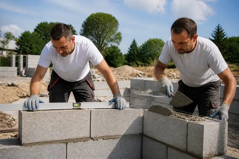 Deux maçons français construisent un muret de soubassement en parpaings, vérifiant l'alignement et le niveau avec précision.