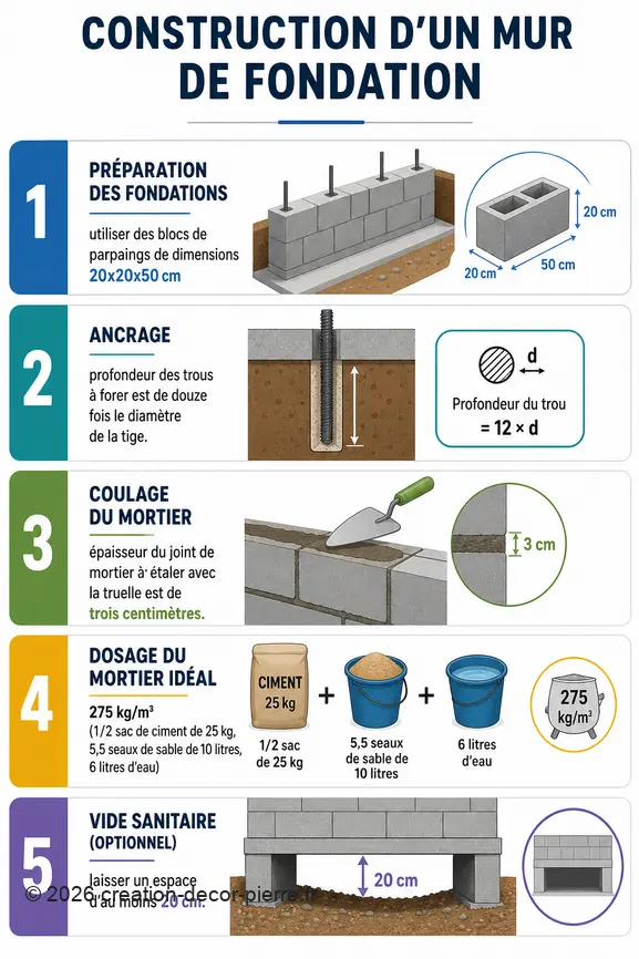 Infographie guidant la construction d'un muret de soubassement avec des étapes clés et des chiffres importants.