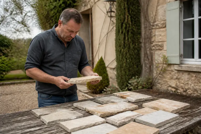Un homme examine des échantillons de parements en pierre naturelle et reconstituée, dans un atelier extérieur lumineux et ensoleillé.