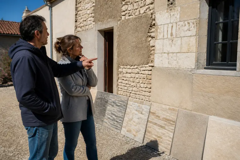 Un couple discute devant une façade de maison en cours de rénovation, comparant différents types de parements pierre extérieurs.