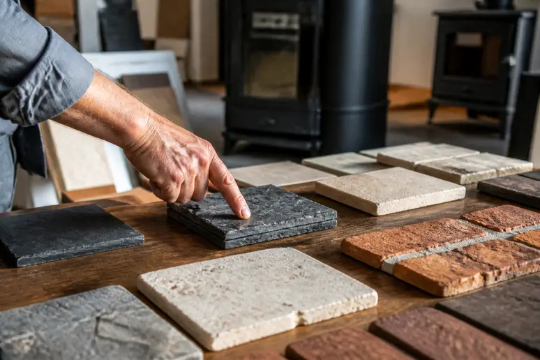 Échantillons variés de parements pour poêles à bois exposés sur une table en bois, sous la lumière naturelle.