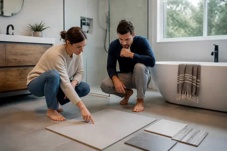 Couple évaluant la qualité de grands carreaux imitation pierre dans une salle de bain moderne, attentivement le choix du revêtement au sol.