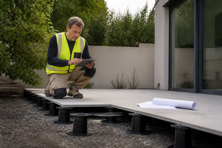 Agent inspectant une terrasse extérieure en cours de construction sur plots, vérifiant la conformité des dalles et de la structure.