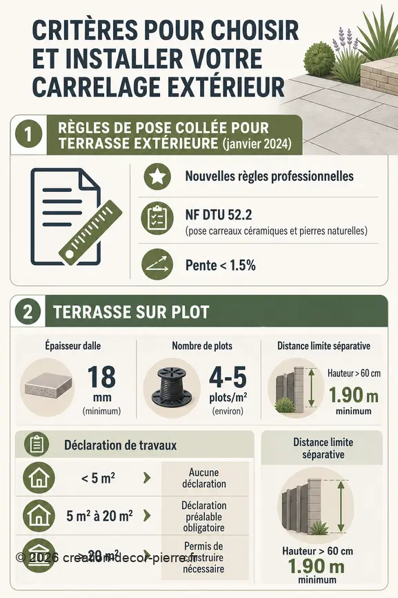 Infographie synthétisant les règles et critères pour la pose de carrelage extérieur et les terrasses sur plots.
