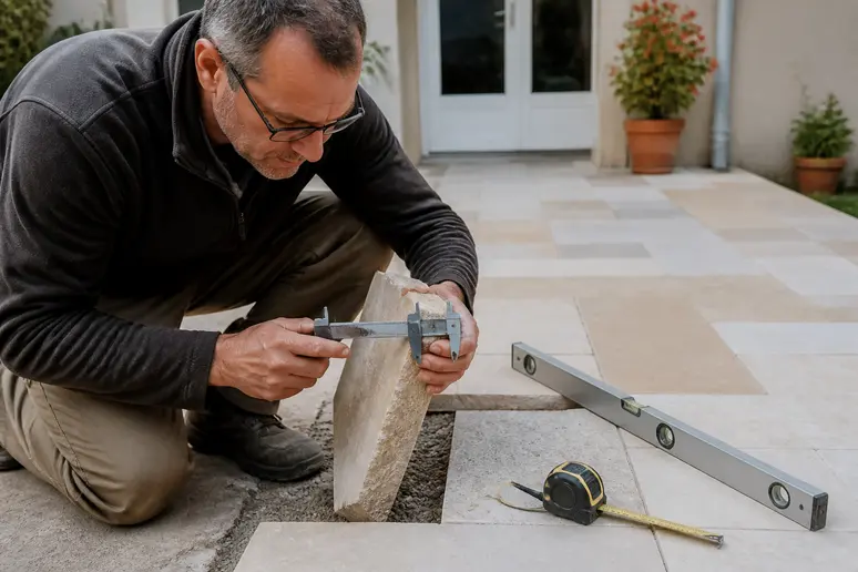 Un propriétaire français mesure l'épaisseur de pavés de terrasse pour s'assurer de la bonne dimension adaptée à son projet d'aménagement.