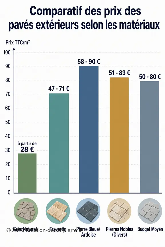 Graphique comparatif des prix des pavés extérieurs, montrant les différences de coût selon le matériau utilisé.