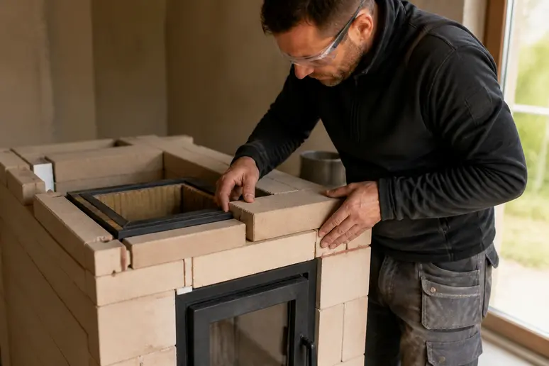 Un artisan assemble méticuleusement les composants d'un kit de petit poêle de masse dans un atelier.