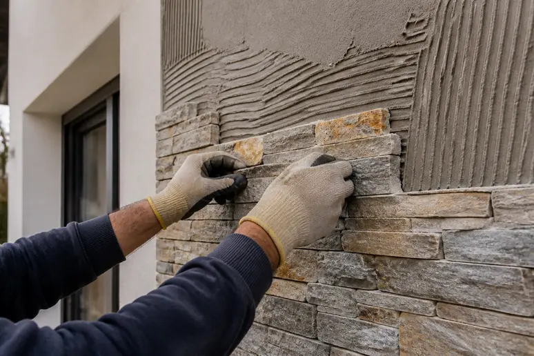 Mains gantées d'un artisan posant méticuleusement des parements en pierre fine sur une façade moderne.
