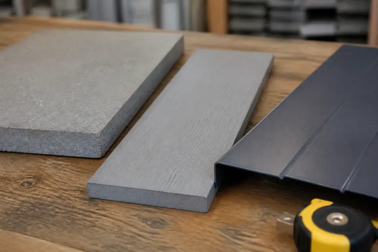 Comparaison de matériaux de plaques de soubassement : béton, composite et acier, présentés sur un établi.