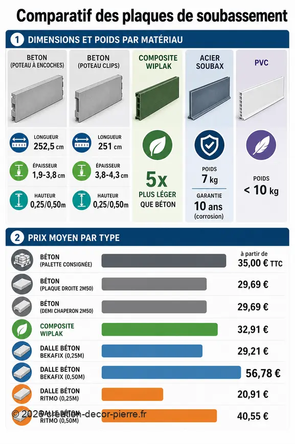 Infographie comparant dimensions, poids et prix des plaques de soubassement en béton, composite, acier et PVC.
