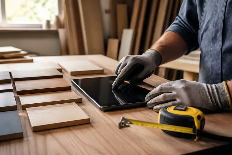 Mains d'un artisan calculant le budget pour des plaquettes de parement, avec échantillons et outils à proximité.
