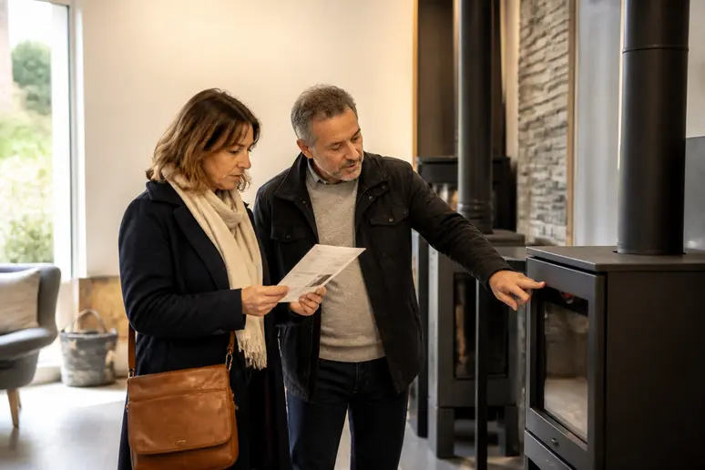 Un couple français choisit son poêle à bois en fonte, vérifiant la puissance et le rendement pour un confort optimal.