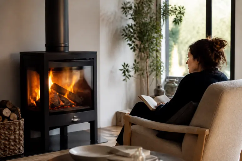 Un poêle à bois en fonte au design moderne agrémente un salon, offrant une ambiance chaleureuse et une vue imprenable sur les flammes.
