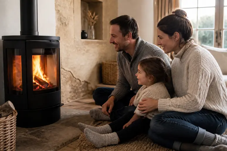 Famille profitant de la chaleur et de la vue des flammes d'un poêle à bois vitré dans un salon.