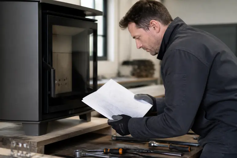 Installateur professionnel examinant les détails techniques d'un poêle à bois vitré avant son installation.