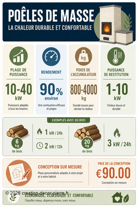 Infographie présentant les chiffres clés des poêles de masse : puissance, rendement, poids des matériaux, et restitution de chaleur.