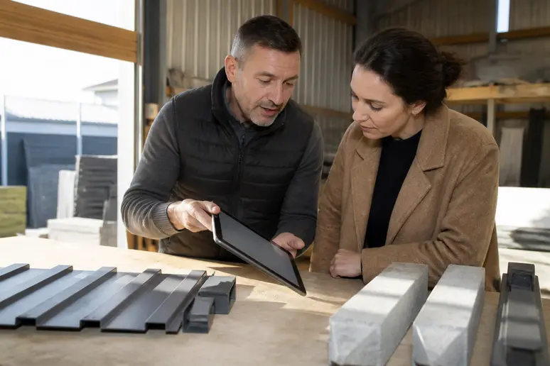 Un artisan présente à un propriétaire un devis détaillé pour l'installation d'une clôture rigide avec poteaux en béton.