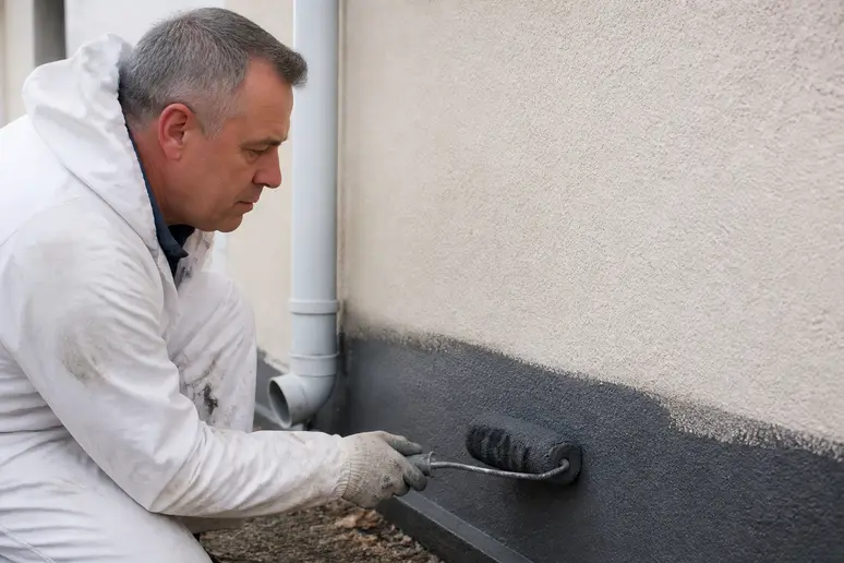 Un homme applique une peinture étanche sur un mur extérieur en stuc à l'aide d'un rouleau, en se concentrant sur la précision du geste.