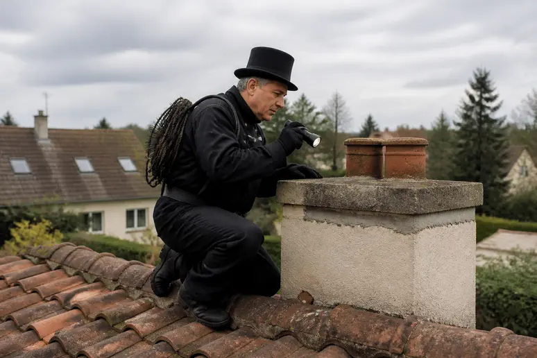 Un ramoneur professionnel inspecte méticuleusement une cheminée résidentielle sur le toit d'une maison en banlieue parisienne.