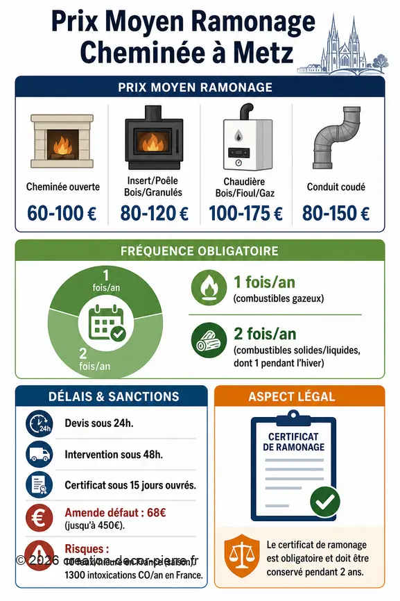 Comparatif des prix et obligations du ramonage de cheminée à Metz, incluant fréquences et sanctions.