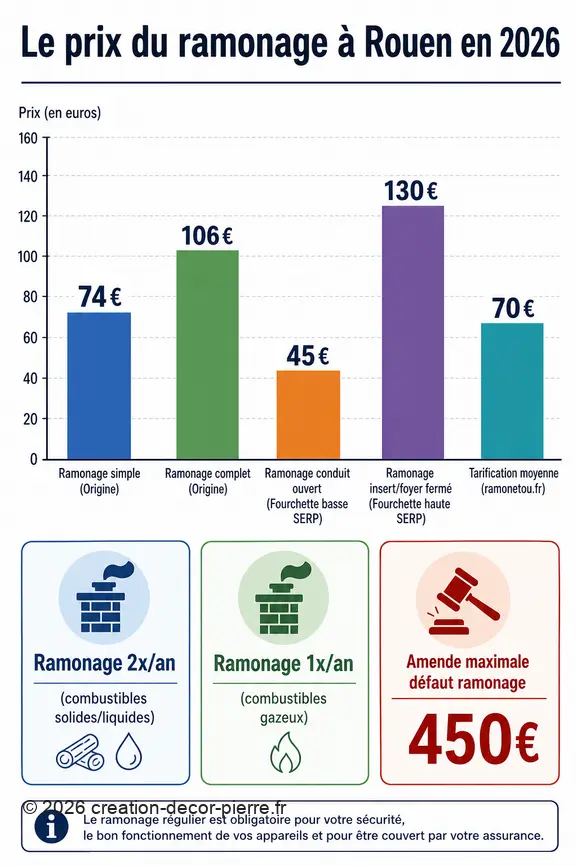 Comparaison des tarifs de ramonage de cheminée à Rouen, incluant les options simples, complètes et les fourchettes de prix.