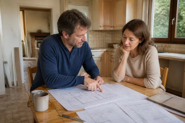 Un couple examine des plans d'architecte lors d'une discussion sur leur projet de rénovation dans une cuisine.